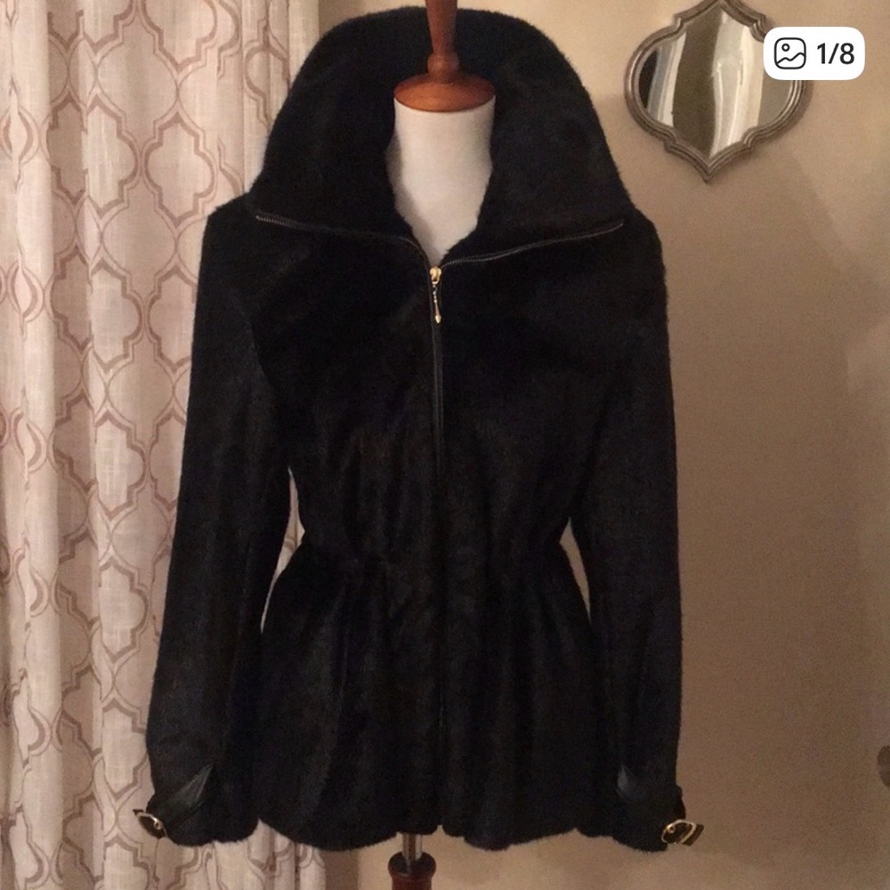 Pamela McCoy Jacket Women L Black Faux Fur Mink Preppy Glam Luxury Pockets Coat